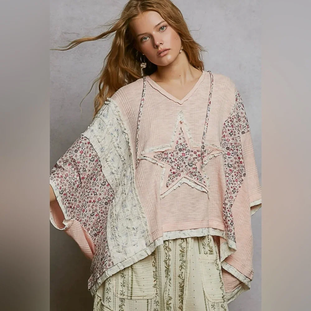 155. Starry Night, Lace contrast floral star patch knit top, Pink, various sizes - Picture 1 of 3